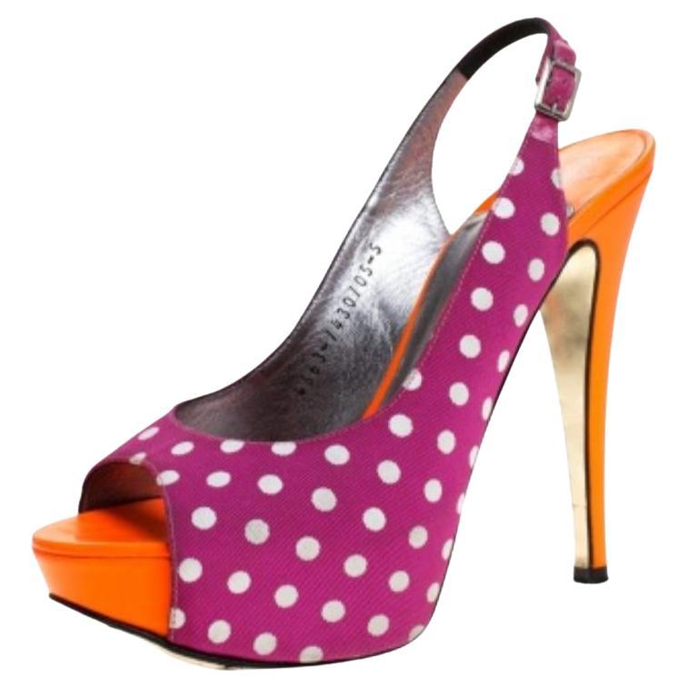 Fabina Purple/Orange Polka Dot Fabric Patent Open Toe Slingback Sandals Taglia 38 in vendita