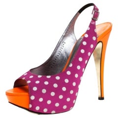 Gina Purple/Orange Polka Dot Fabric Patent Open Toe Slingback Sandals Size 38