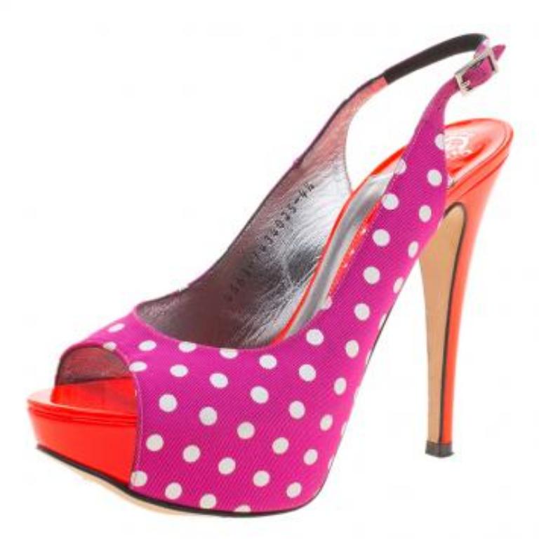 Violet Gina Purple Polka Dot Fabric Peep Toe Slingback Sandals Size 37.5 en vente