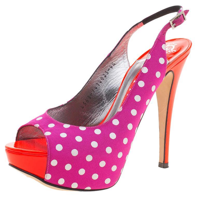 Gina Purple Polka Dot Fabric Peep Toe Slingback Sandals Size 37.5 For Sale
