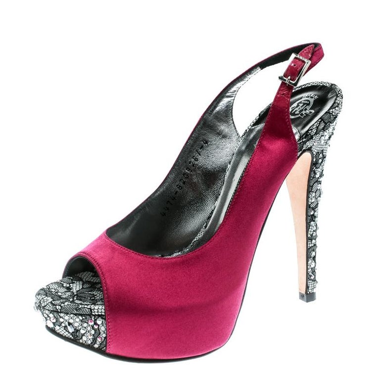 Gina Purple Satin Crystal Embellished Heel Peep Toe Slingback Sandals ...
