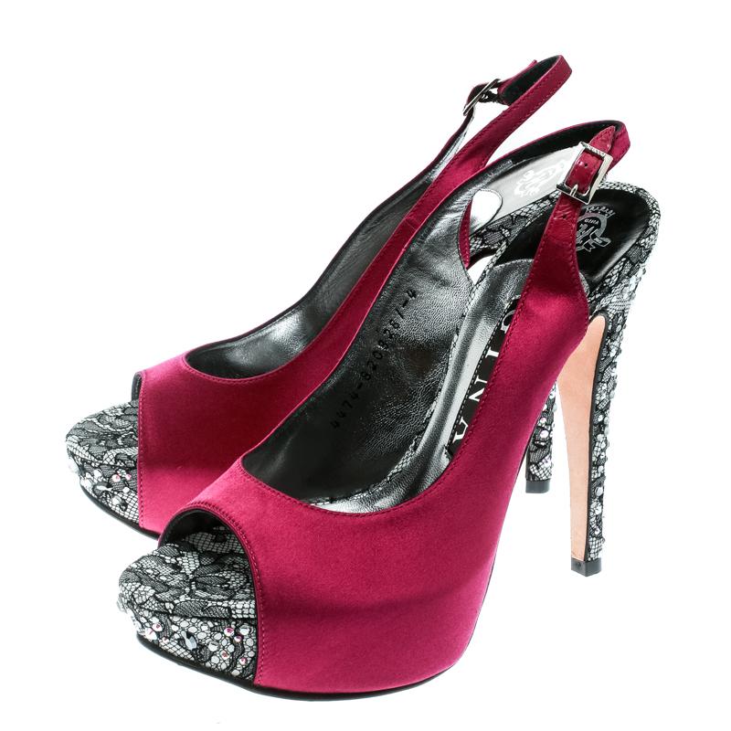 Gina Purple Satin Crystal Embellished Heel Peep Toe Slingback Sandals Size 37 1