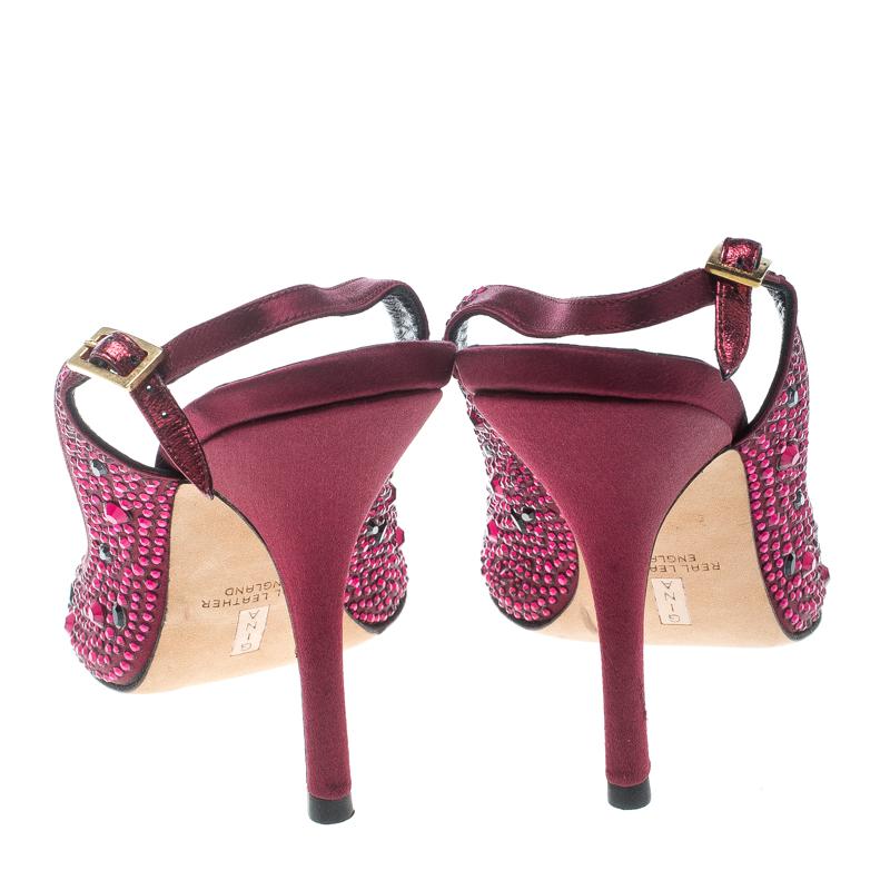 Black Gina Purple Satin Crystal Embellished Peep Toe Slingback Sandals Size 38