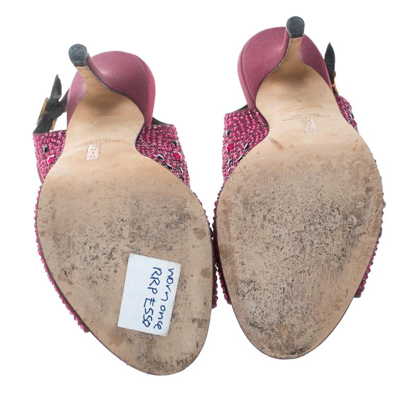 Gina Purple Satin Crystal Embellished Peep Toe Slingback Sandals Size 38 In Good Condition In Dubai, Al Qouz 2