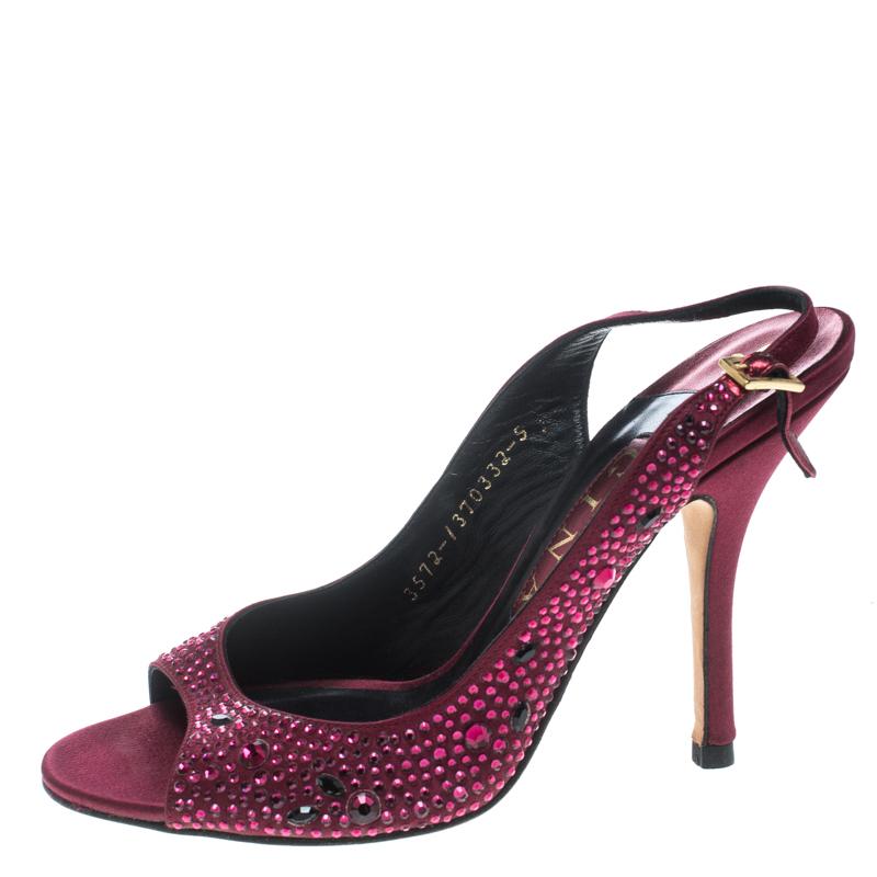 Women's Gina Purple Satin Crystal Embellished Peep Toe Slingback Sandals Size 38