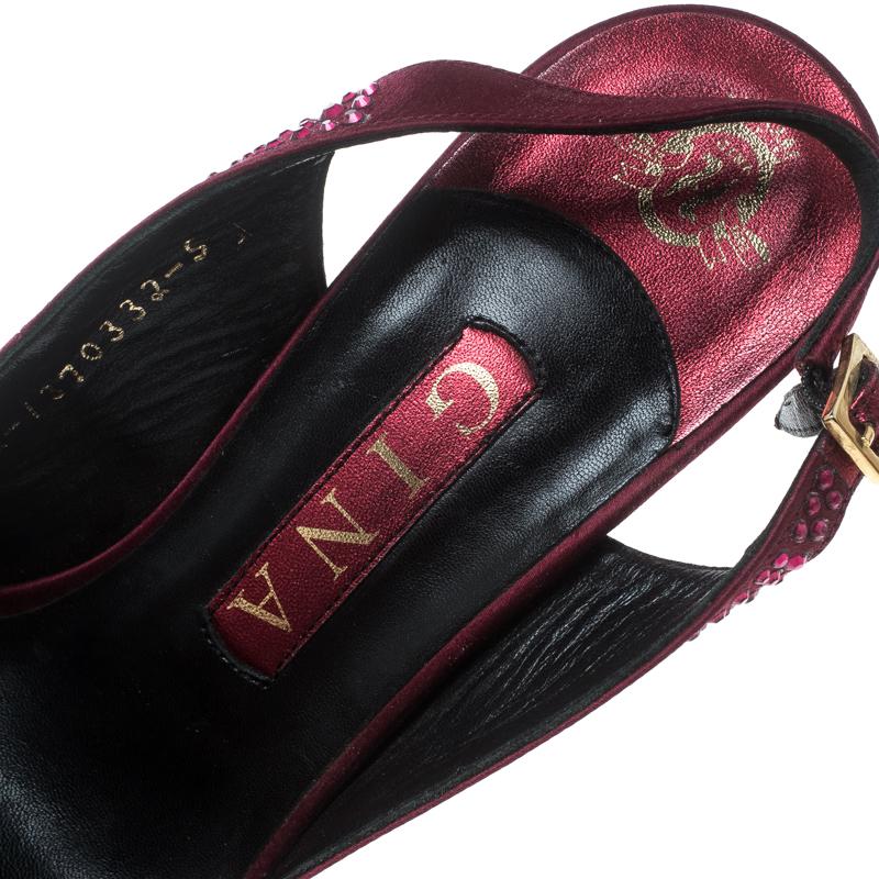 Gina Purple Satin Crystal Embellished Peep Toe Slingback Sandals Size 38 2