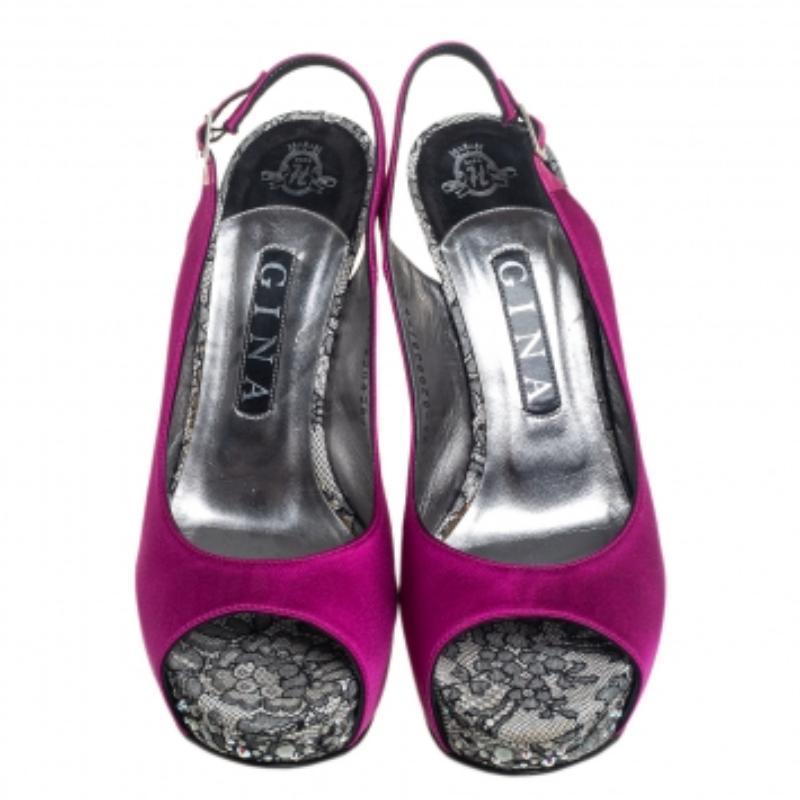 Gina Purple Satin Embellished Heel Peep Toe Platform Pumps Size 39 In Good Condition For Sale In Dubai, Al Qouz 2