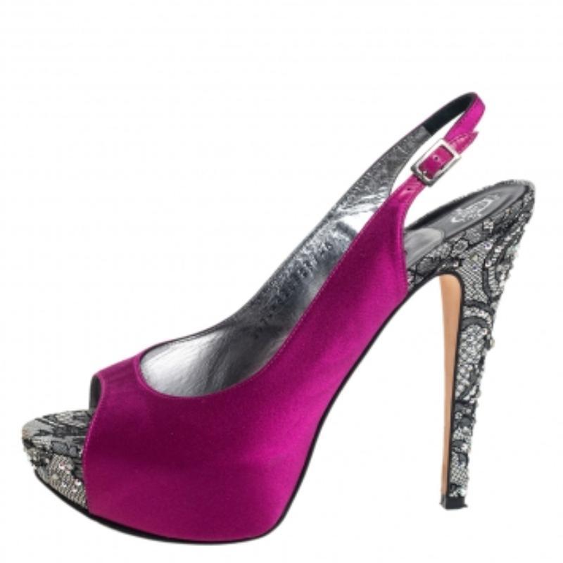 Gina Purple Satin Embellished Heel Peep Toe Platform Pumps Size 39 For Sale 2