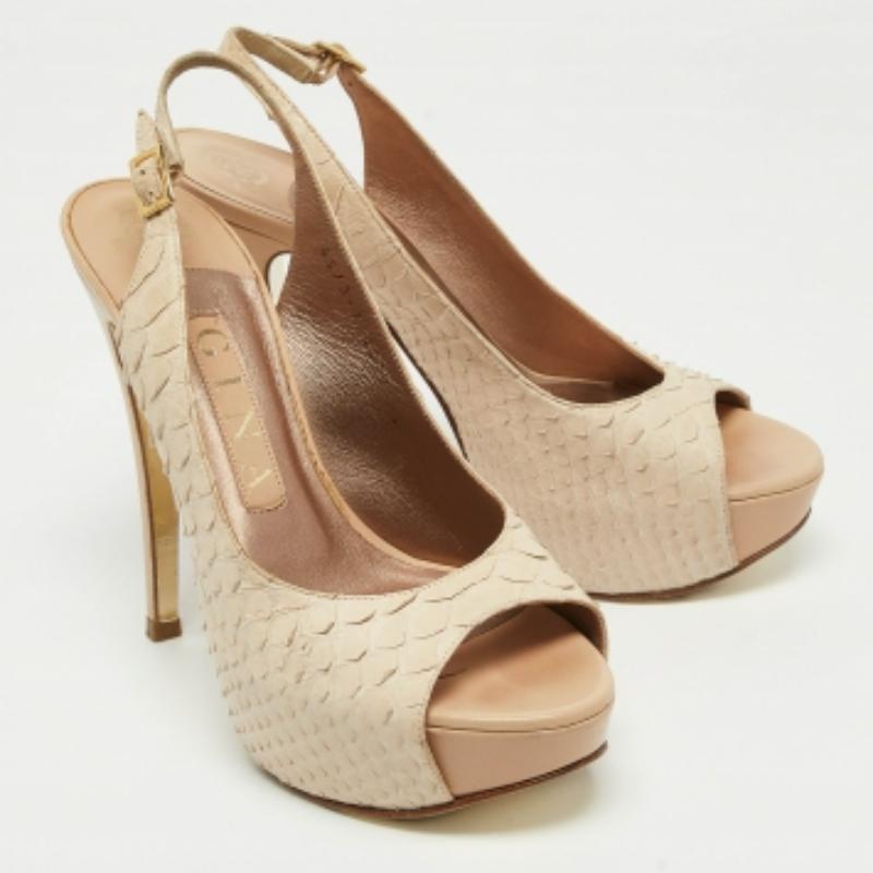 Gina Python Embossed Leather Peep Toe Blake Platform Slingback Pumps Talla 37 en venta 1