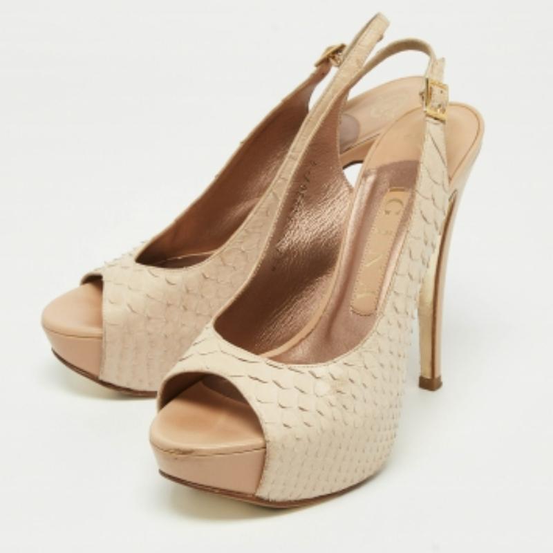 Gina Python Embossed Leather Peep Toe Blake Platform Slingback Pumps Talla 37 en venta 3