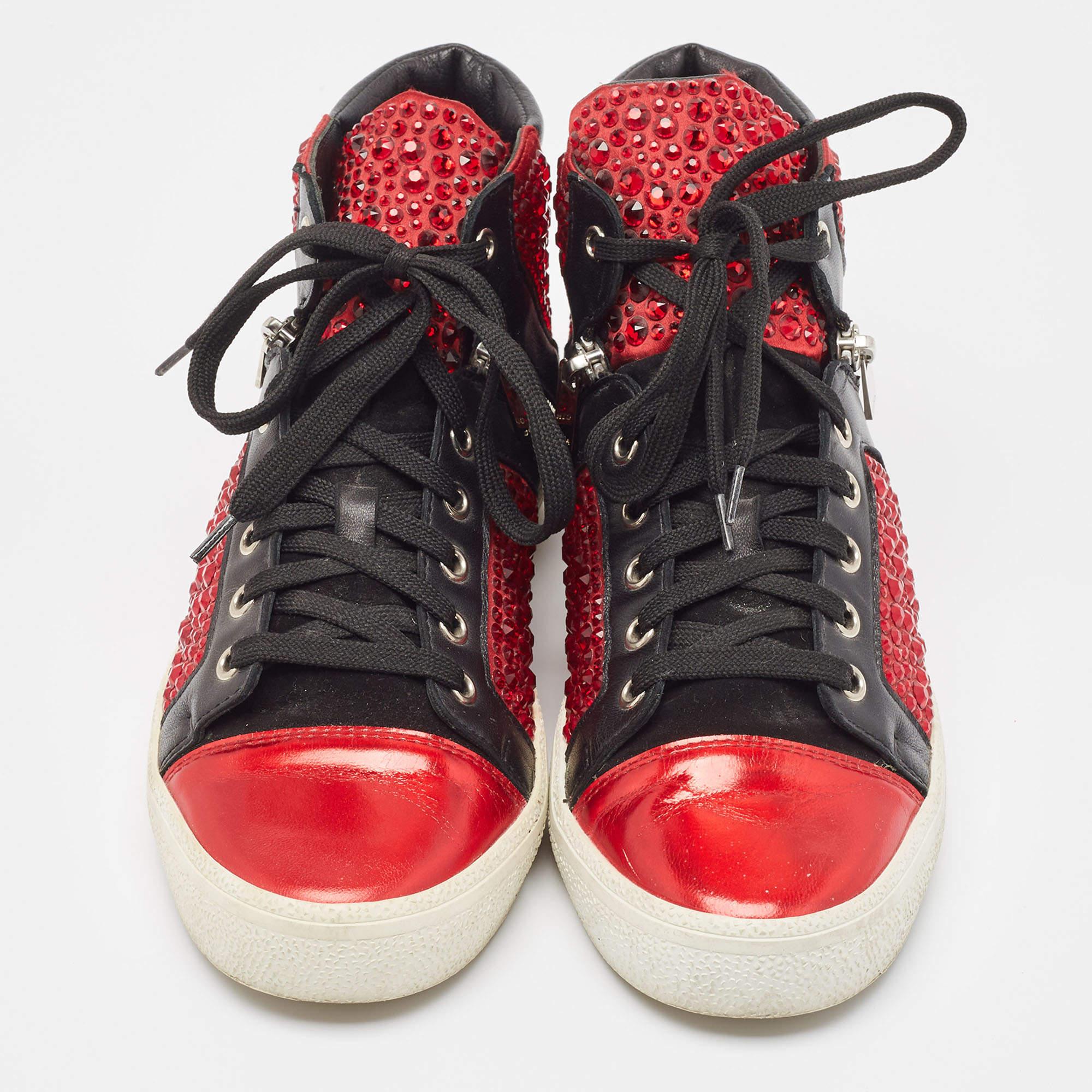 Brown Gina Red/Black Leather Crystal Embellished High Top Sneakers Size 39 For Sale