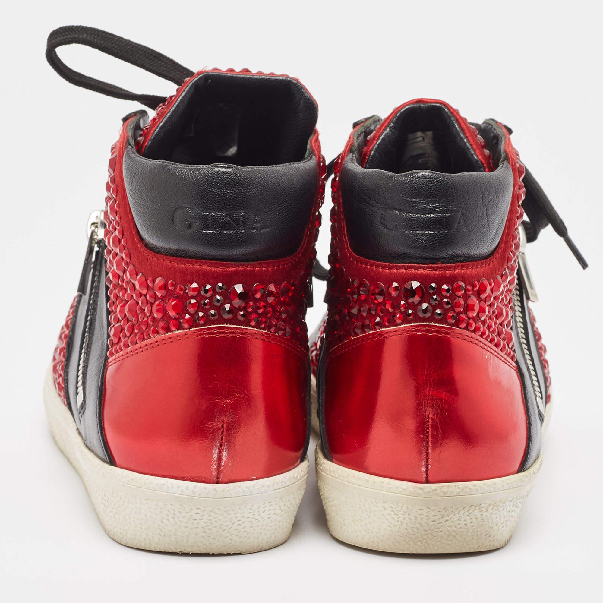 Women's Gina Red/Black Leather Crystal Embellished High Top Sneakers Size 39 For Sale
