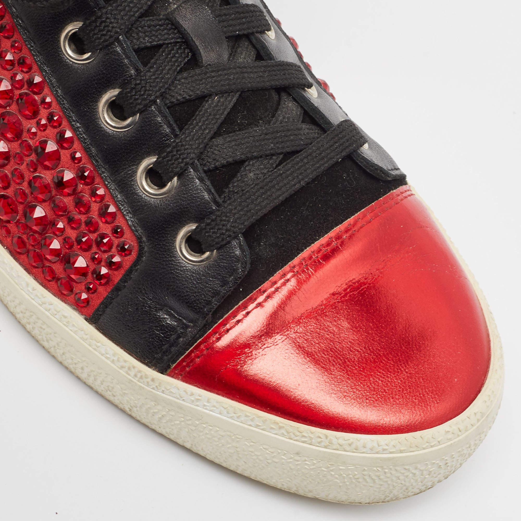 Gina Red/Black Leather Crystal Embellished High Top Sneakers Size 39 For Sale 2