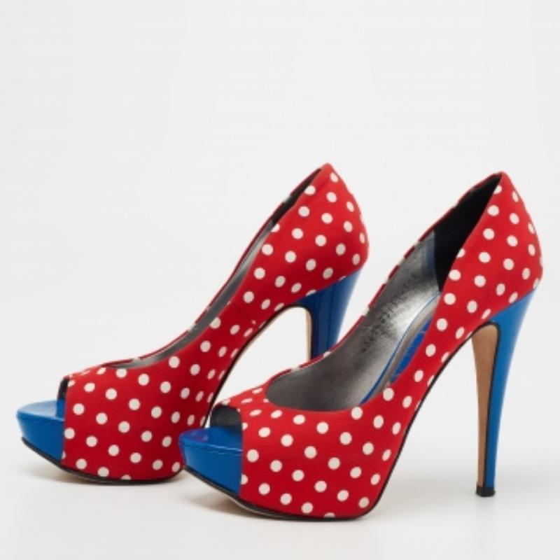 Gina Red/Blue Polka Dot Print Canvas Peep Toe Platform Pumps Size 38 In Good Condition For Sale In Dubai, Al Qouz 2