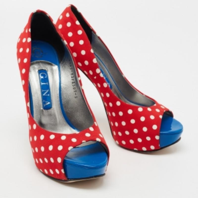 Women's Gina Red/Blue Polka Dot Print Canvas Peep Toe Platform Pumps Size 38 For Sale