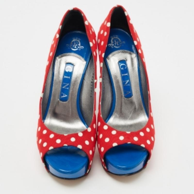 Gina Red/Blue Polka Dot Print Canvas Peep Toe Platform Pumps Size 38 For Sale 1