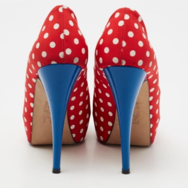 Gina Red/Blue Polka Dot Print Canvas Peep Toe Platform Pumps Size 38 For Sale 2
