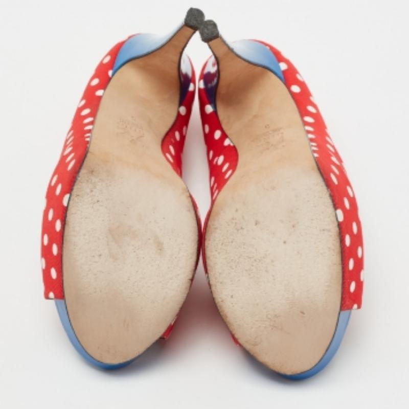 Gina Red/Blue Polka Dot Print Canvas Peep Toe Platform Pumps Size 38 For Sale 3