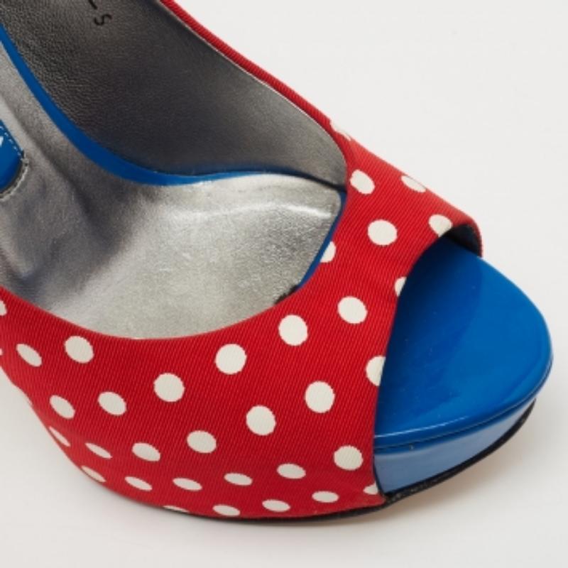 Gina Red/Blue Polka Dot Print Canvas Peep Toe Platform Pumps Size 38 For Sale 4