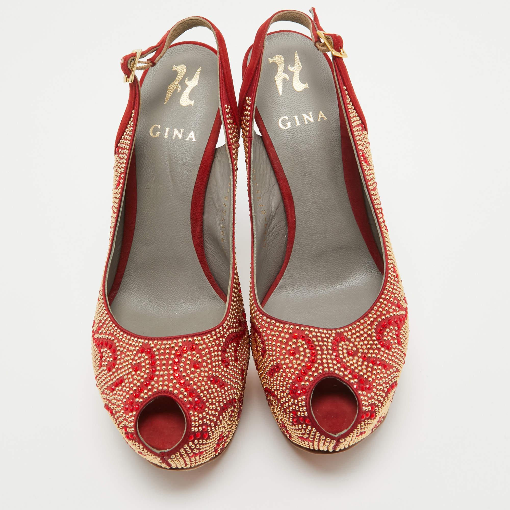 Brown Gina Red Embellished Satin Peep Toe Platform Slingback Pumps Size 39