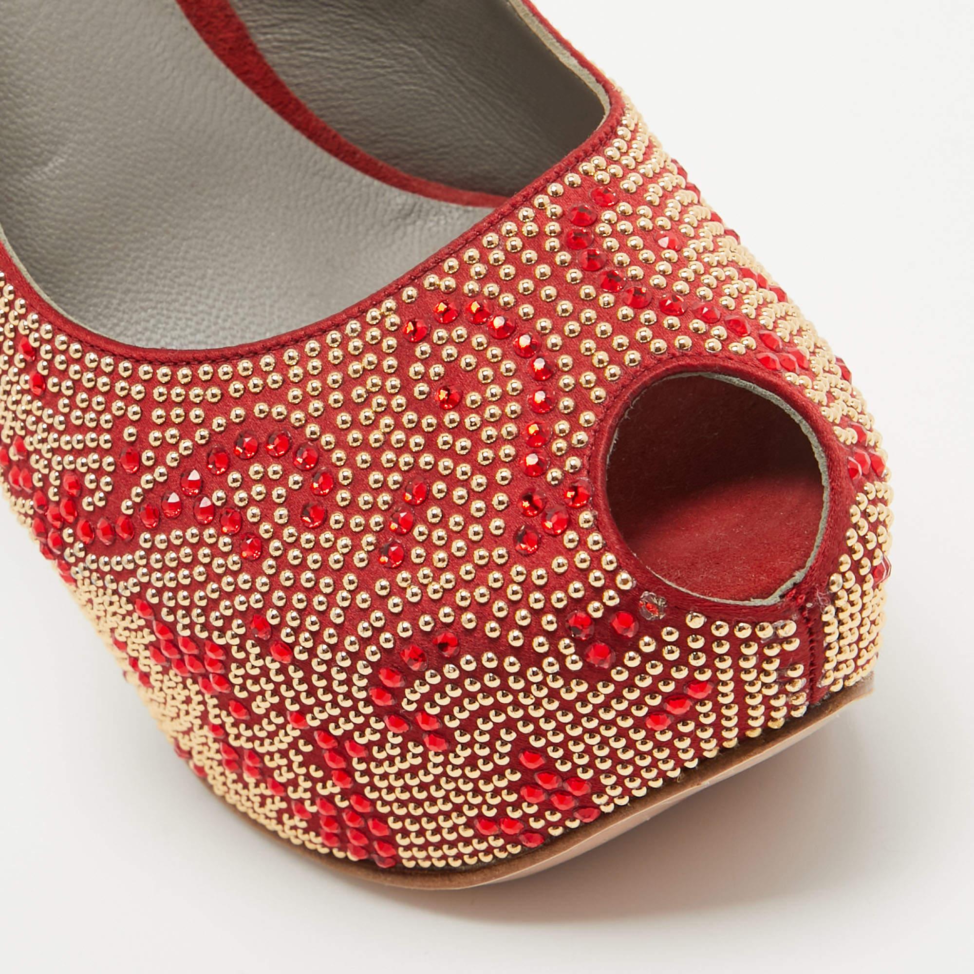 Gina Red Embellished Satin Peep Toe Platform Slingback Pumps Size 39 2