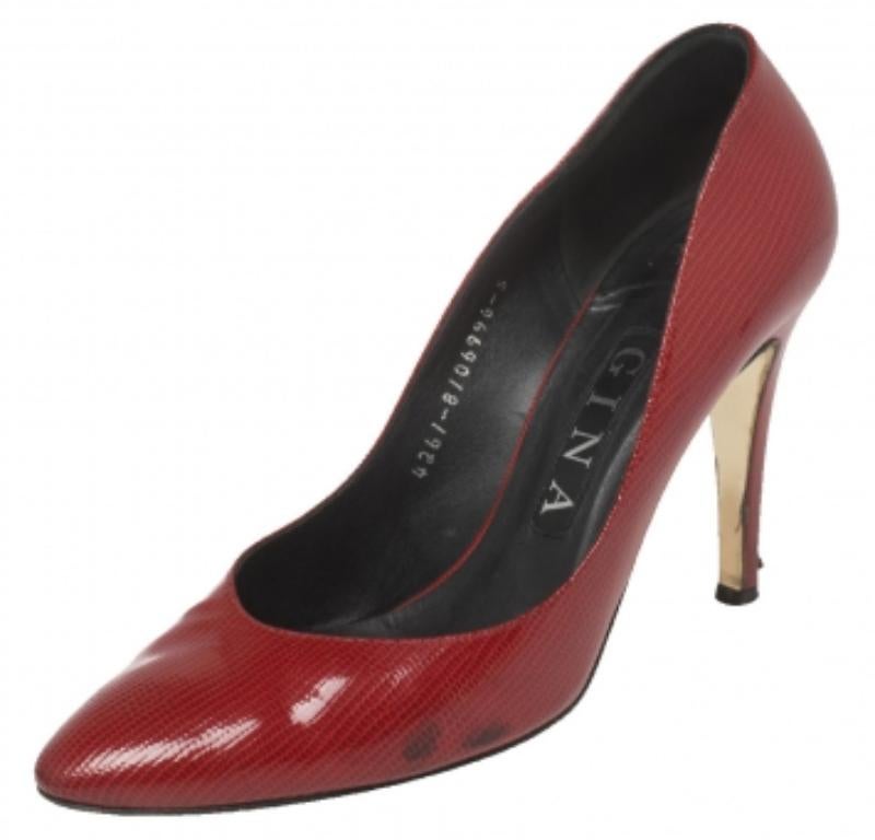 Gina Red Glossy Lizard Embossed Leather Pointed Toe Pumps Size 38 For Sale 1