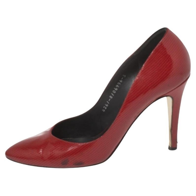 Gina Red Glossy Lizard Embossed Leather Pointed Toe Pumps Size 38 For Sale