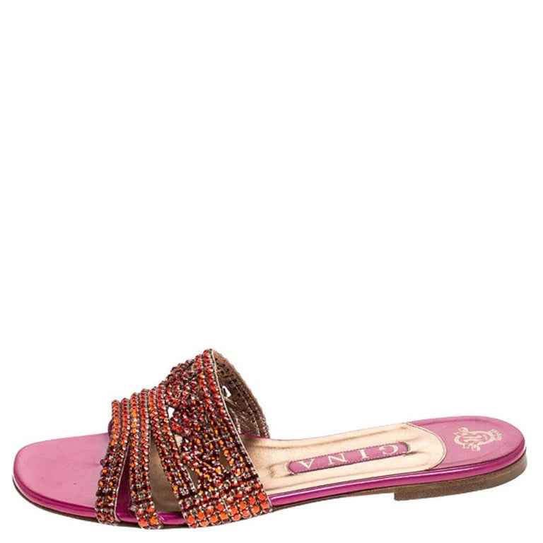 Gina Red/Pink Crystal Embellished Leather Flat Slides Size 38.5 For ...