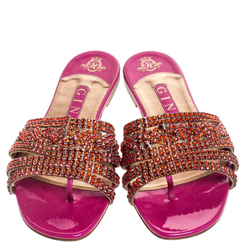 Brown Gina Red/Pink Crystal Embellished Leather Flat Slides Size 38.5