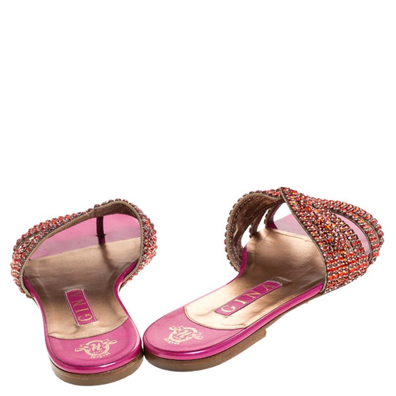 Women's Gina Red/Pink Crystal Embellished Leather Flat Slides Size 38.5