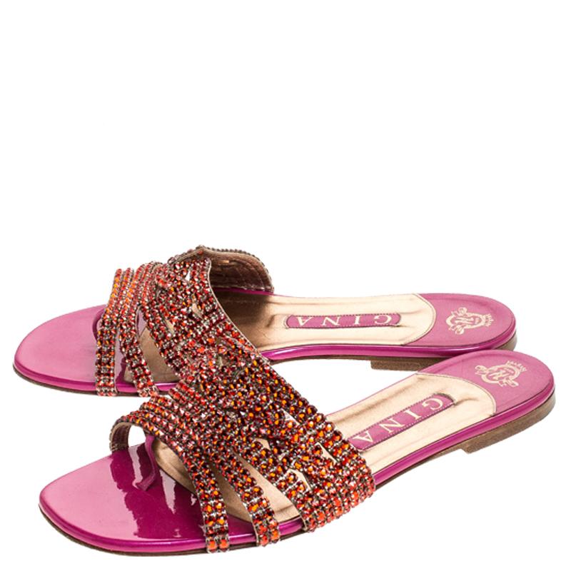 Gina Red/Pink Crystal Embellished Leather Flat Slides Size 38.5 1