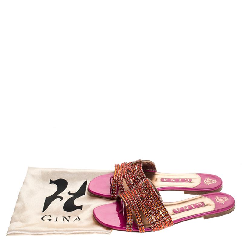 Gina Red/Pink Crystal Embellished Leather Flat Slides Size 38.5 3