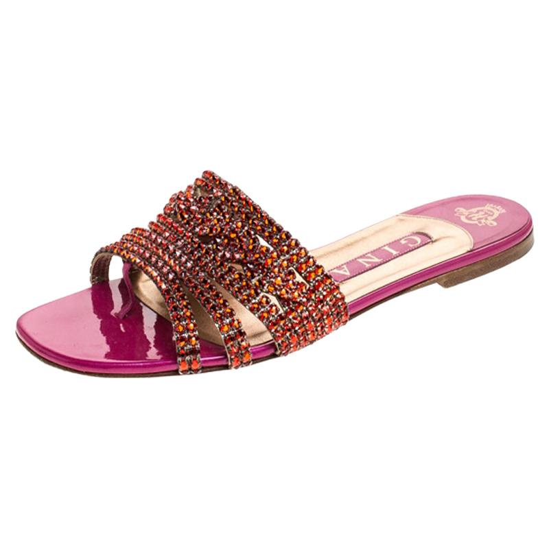 Gina Red/Pink Crystal Embellished Leather Flat Slides Size 38.5