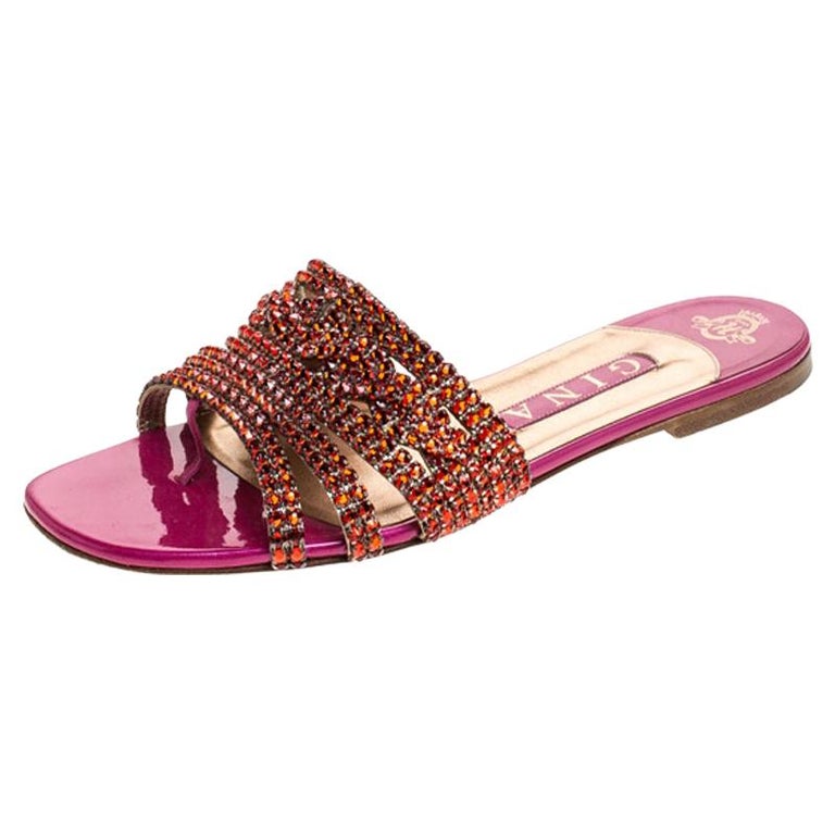 Gina Red/Pink Crystal Embellished Leather Flat Slides Size 38.5 For ...
