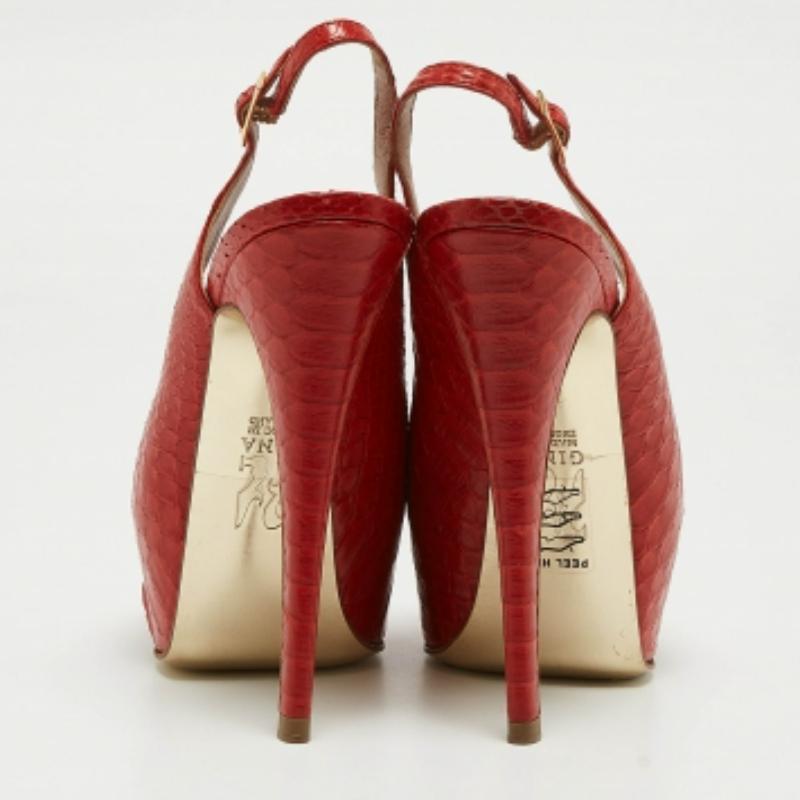 Gina Rot Python Offene Zehe Plattform Slingback Pumps Größe 37 im Zustand „Gut“ im Angebot in Dubai, Al Qouz 2