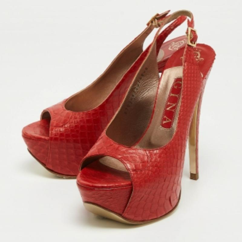 Gina Rot Python Offene Zehe Plattform Slingback Pumps Größe 37 im Angebot 3