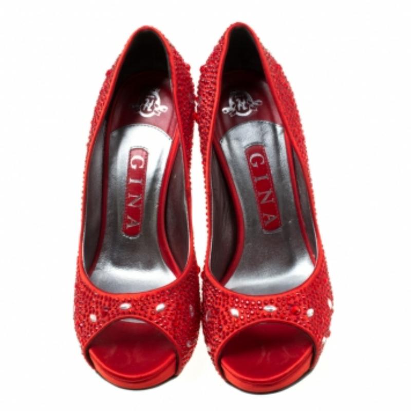 Gina escarpins compensés à bout ouvert ornés de cristaux rouges taille 37 en vente 1