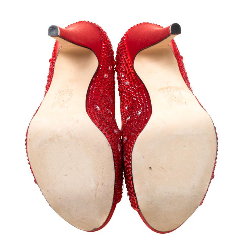 Gina Red Satin Crystal Embellished Peep Toe Platform Pumps Size 37 2
