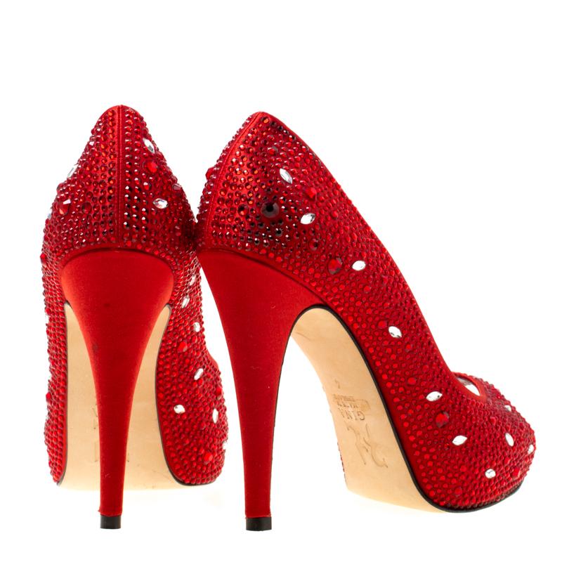 Gina Red Satin Crystal Embellished Peep Toe Platform Pumps Size 37 3