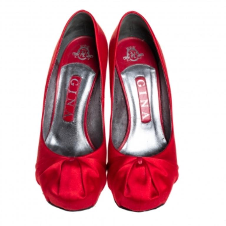 Gina Red Satin Platform Pumps Size 37.5 For Sale 1