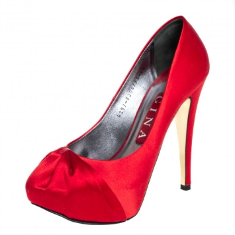 Gina Red Satin Platform Pumps Size 37.5 For Sale 2