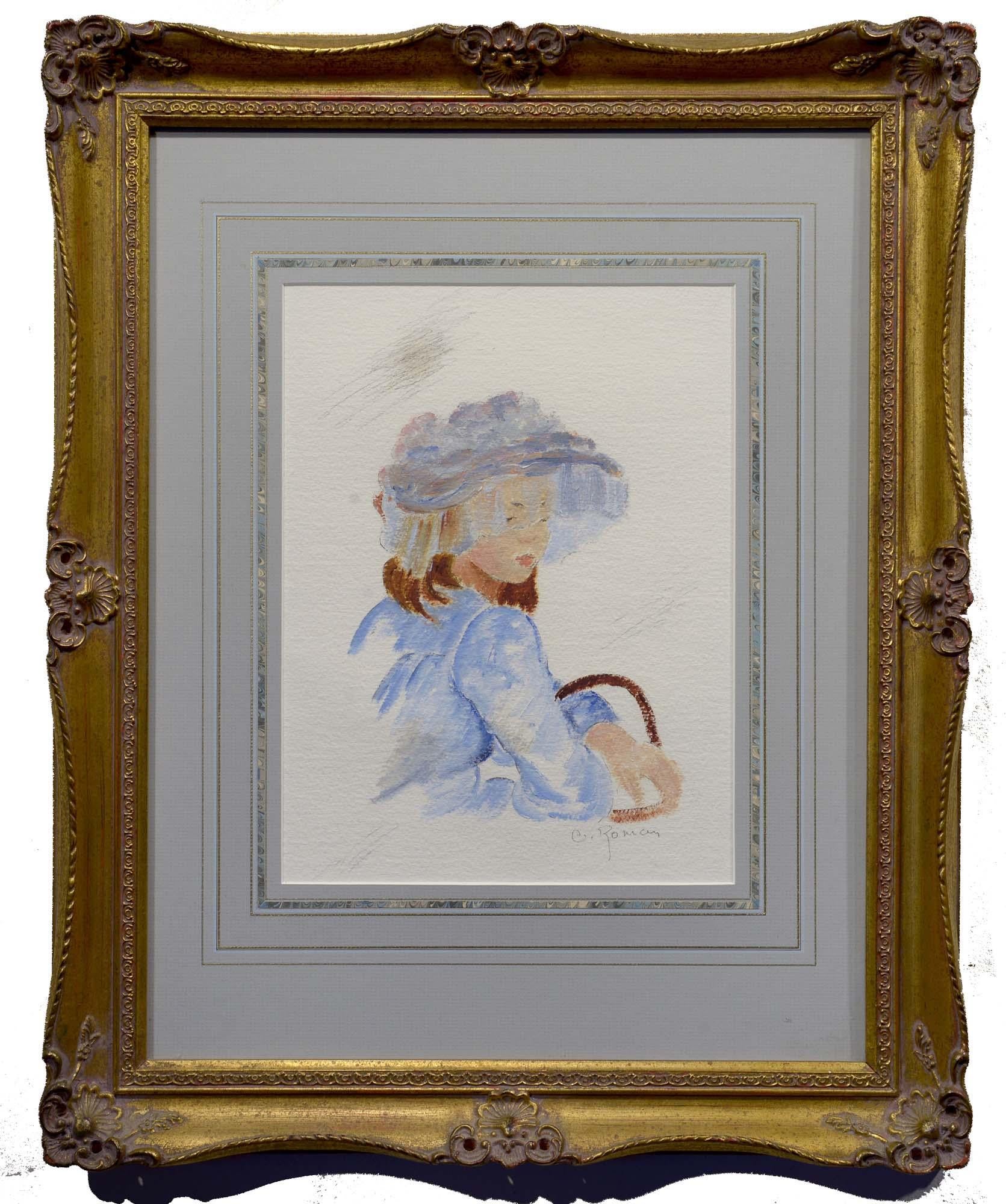 Fille au chapeau bleu, huile sur papier, figuratif, impressionniste - Painting de Gina Roma