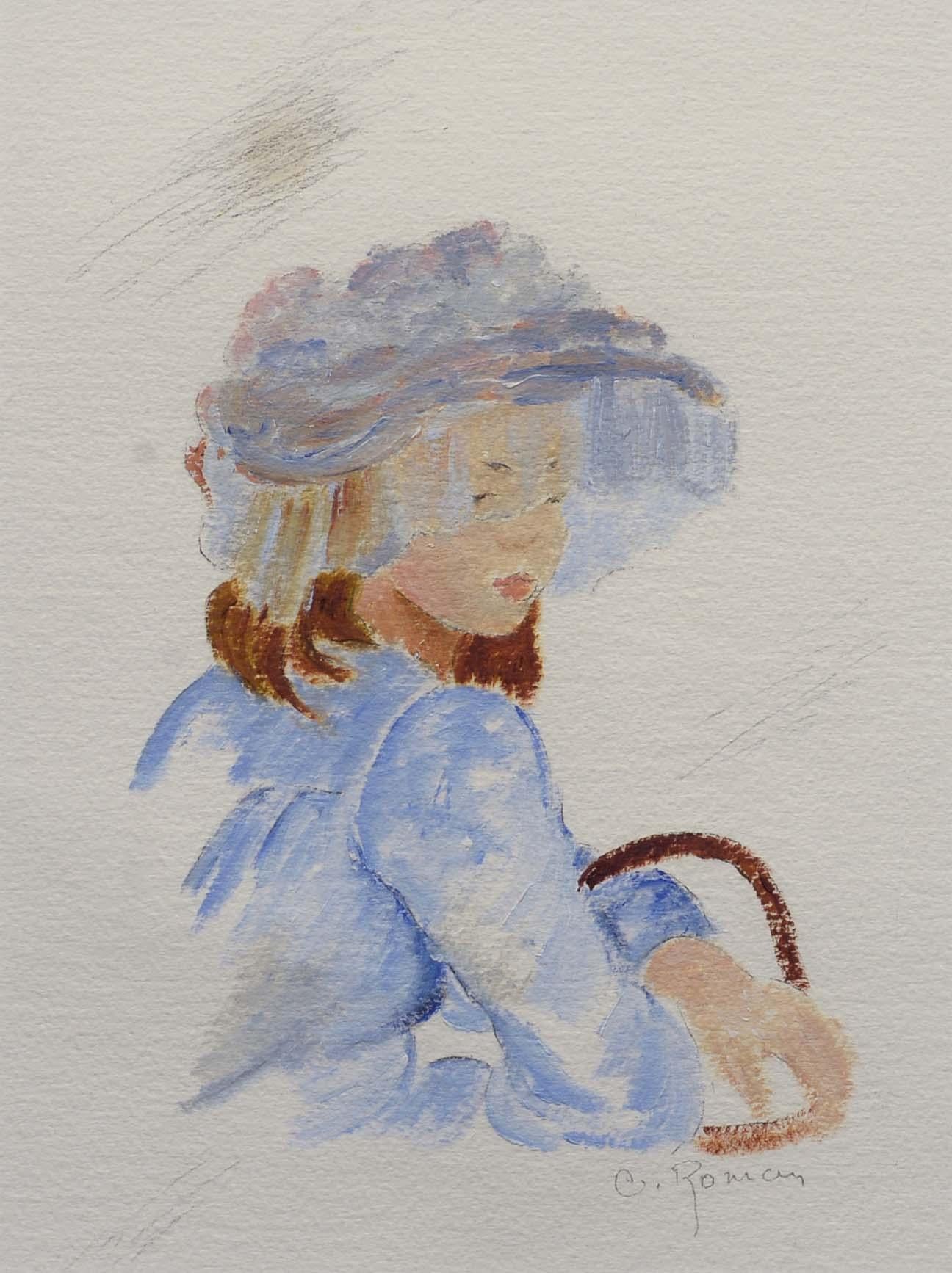 Figurative Painting Gina Roma - Fille au chapeau bleu, huile sur papier, figuratif, impressionniste