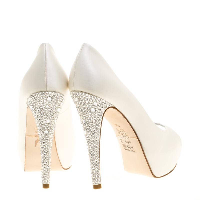 Beige Gina Satin Jenna Crystal Embellished Heel Peep Toe Platform Pumps Size 37.5