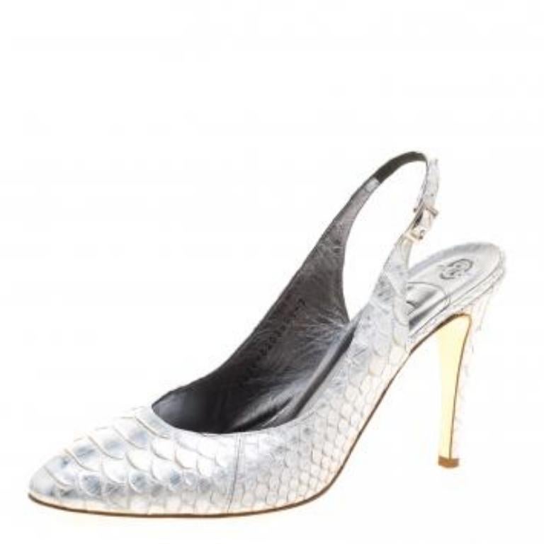 Gina Silber Chrom Python Slingback Sandalen Größe 40 im Angebot 4
