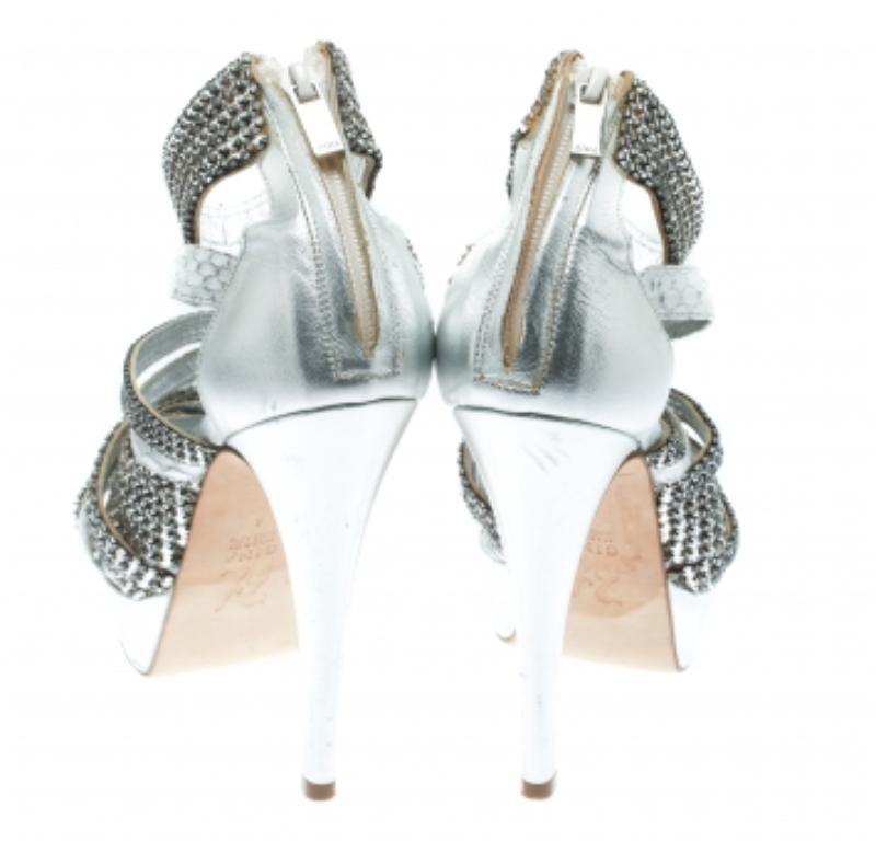 De las mujeres Gina Sandalias de tiras de piel de pitón con adornos de cristal plateado talla 37 en venta