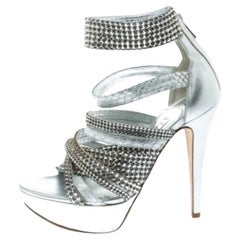 Gina Silver Crystal Embellished Leather Python Strappy Platform Sandals Size 37