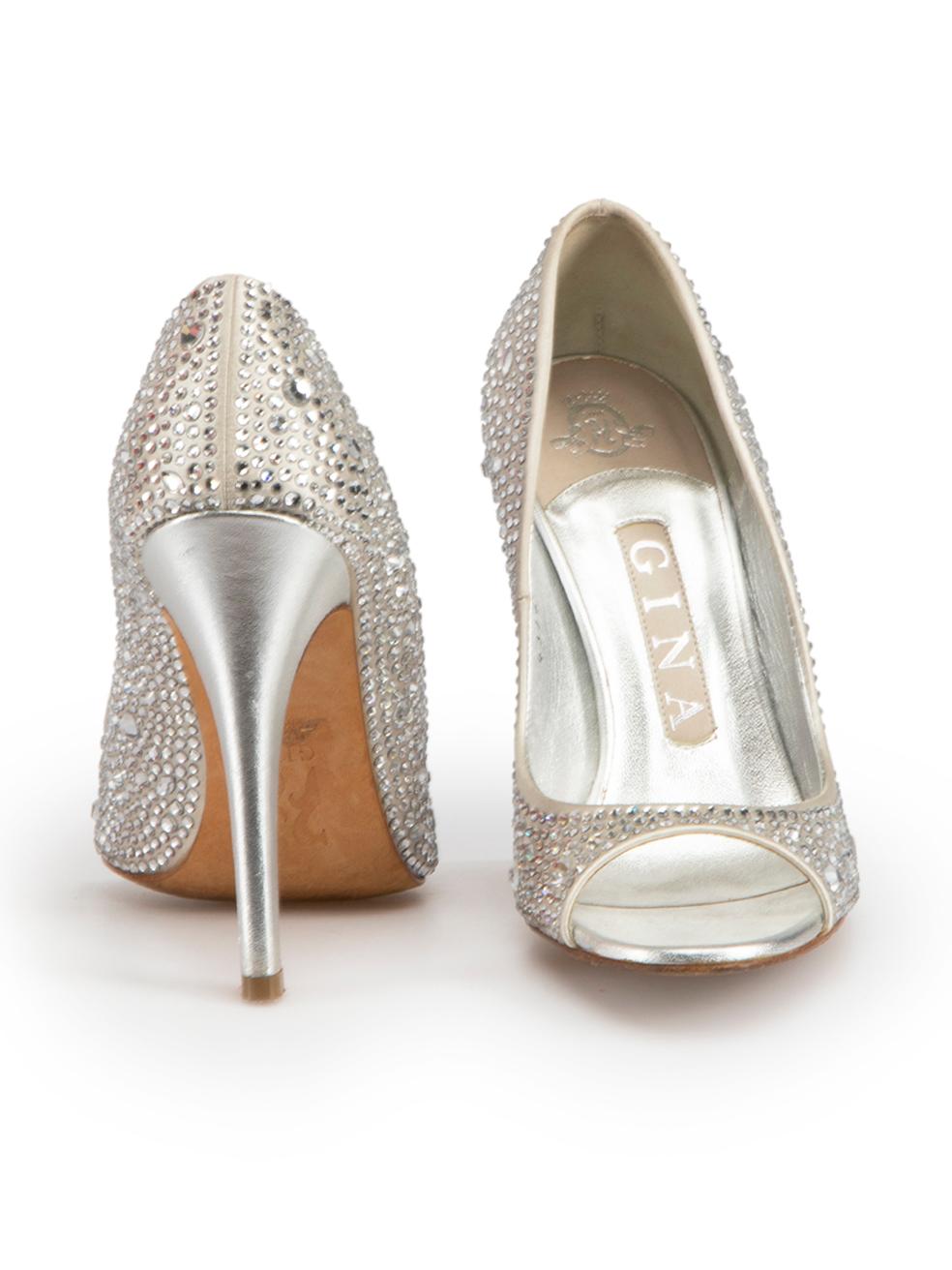 Gina Silver Crystal Embellished Open Toe Heels Size UK 3.5 In Excellent Condition For Sale In London, GB