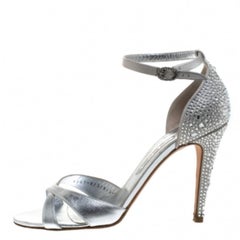 Gina Silver Leather Satin Crystal Embellished Heel Ankle Strap Sandals Size 40