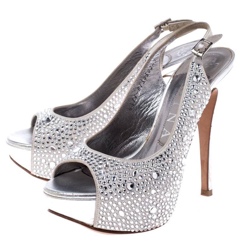 Gina Silver Satin Crystal Embellished Peep Toe Platform Slingback Sandals 36 2
